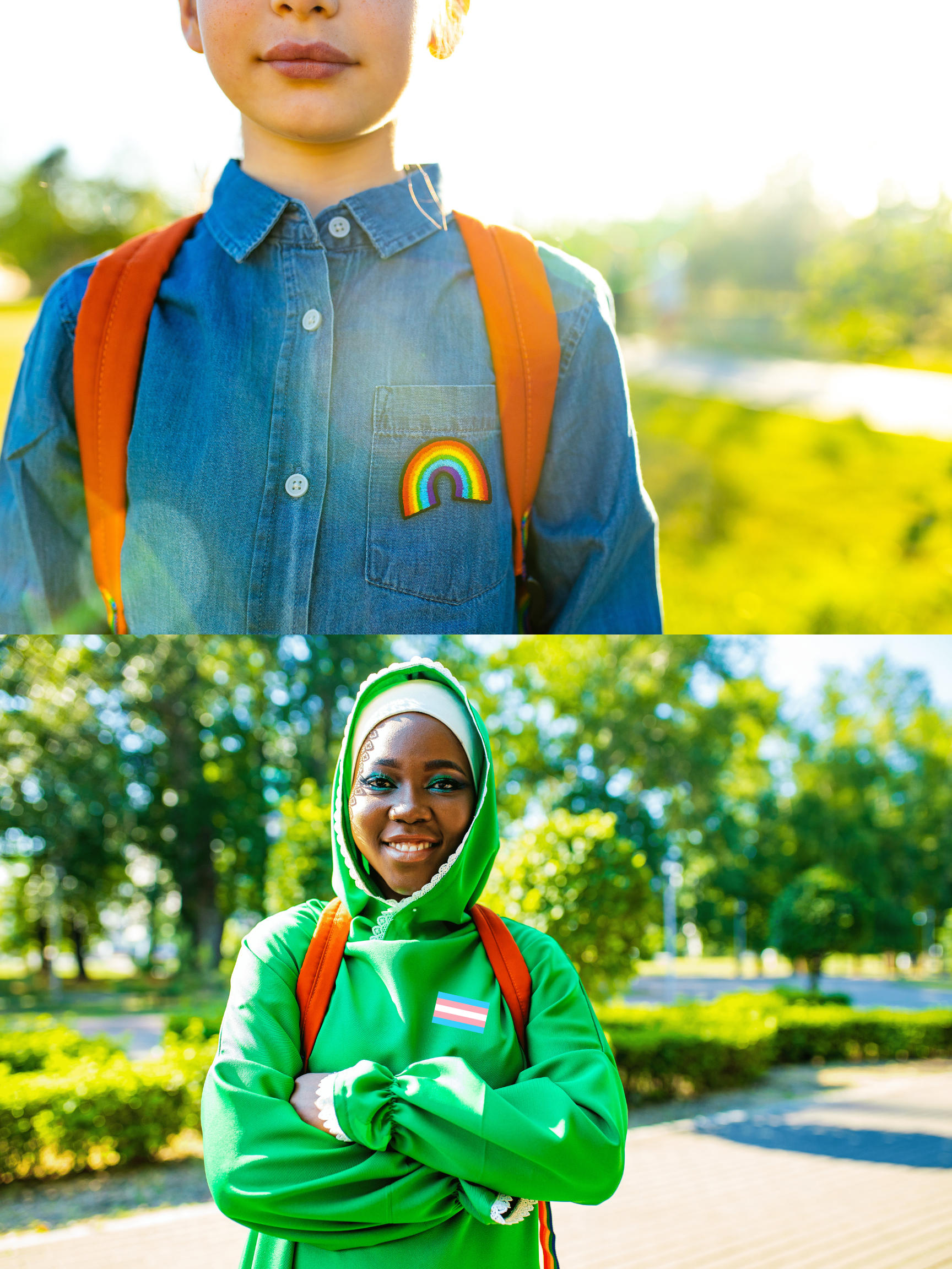 Two images, stacked vertically. The bottom image is of a Black student. The student has their arms crossed. They are wearing a green hoodie with the hood up. They have on a hijab and are wearing blue eyeshadow. They have an orange backpack on and are smiling at the camera. On their hoodie is a pin with the trans flag. The top image is an image of a student, shown from the nose down. They are wearing a blue denim button up shirt with a color. The shirt has an embroidered rainbow on it. They are wearing an orange backpack.
