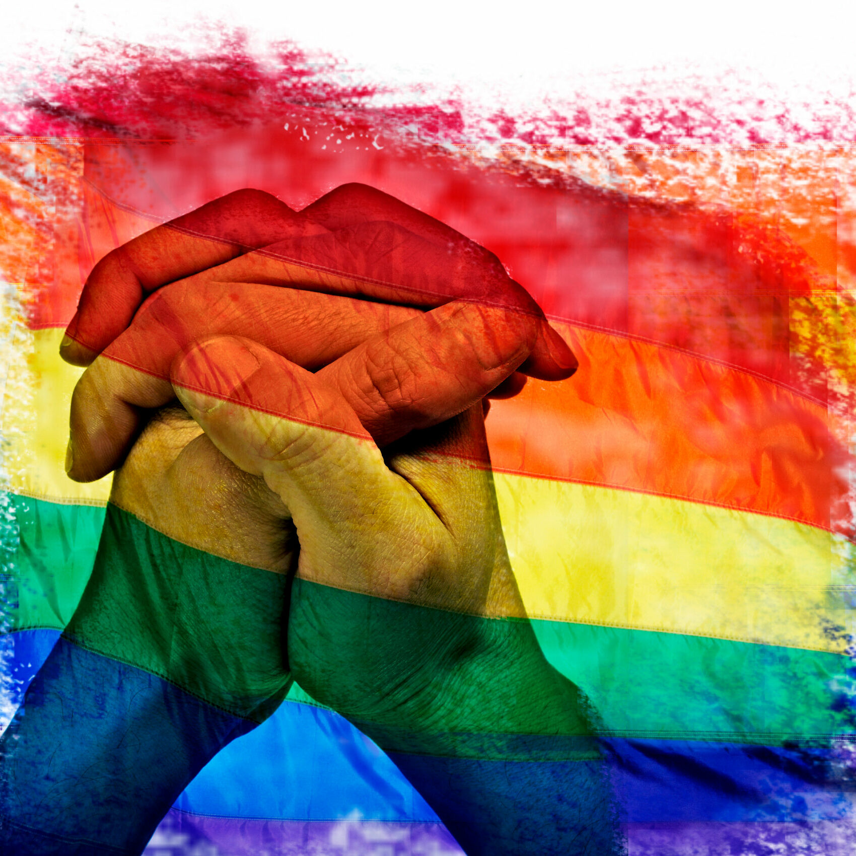 multiple exposures of the rainbow flag in different patterns and the clasped hands of a young man